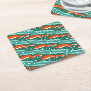 Squirrels jumping in the snow on a Christmas tree Square Paper Coaster