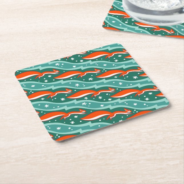 Squirrels jumping in the snow on a Christmas tree Square Paper Coaster (Angled)