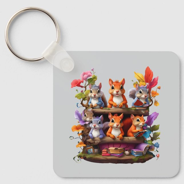 Squirrels On A Wooden Bookshelf Key Ring (Front)