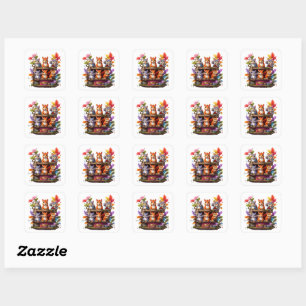Squirrels On A Wooden Bookshelf Square Sticker