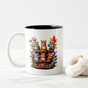 Squirrels On A Wooden Bookshelf Two-Tone Coffee Mug