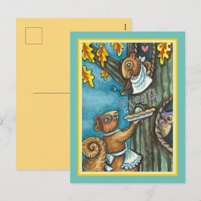 SQUIRRELS & OWL THANKSGIVING, HOMEMADE ACORN PIE HOLIDAY POSTCARD (Front/Back)