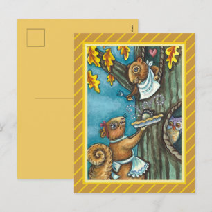 SQUIRRELS & OWL THANKSGIVING, HOMEMADE ACORN PIE HOLIDAY POSTCARD