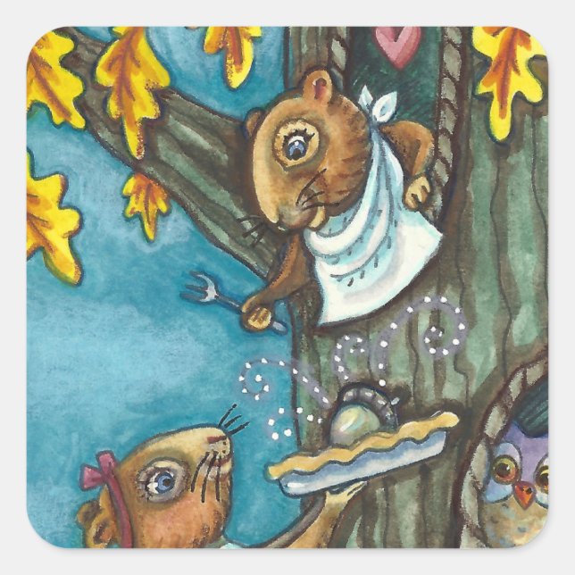 SQUIRRELS & OWL THANKSGIVING, HOMEMADE ACORN PIE SQUARE STICKER (Front)