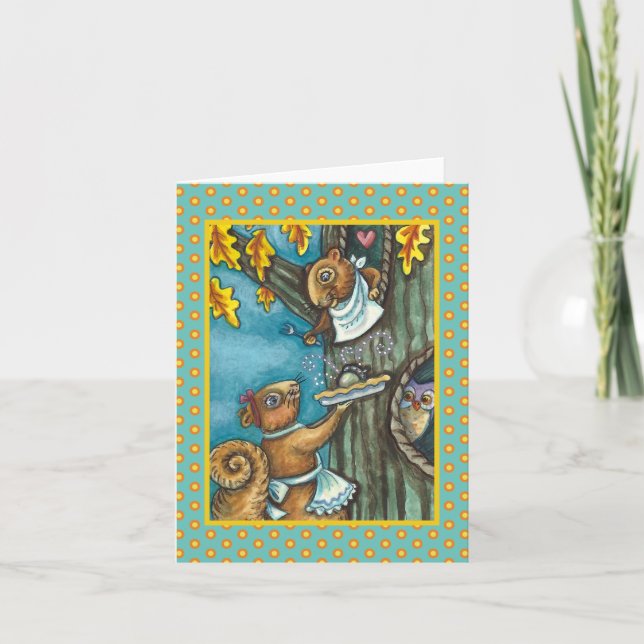 SQUIRRELS & OWL THANKSGIVING, HOMEMADE PIE Blank Card (Front)
