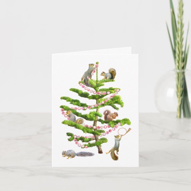 Squirrels Peppermint Tree Christmas Card (Front)