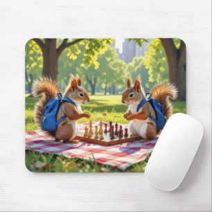 Squirrels Playing Chess In a City Park Mouse Mat