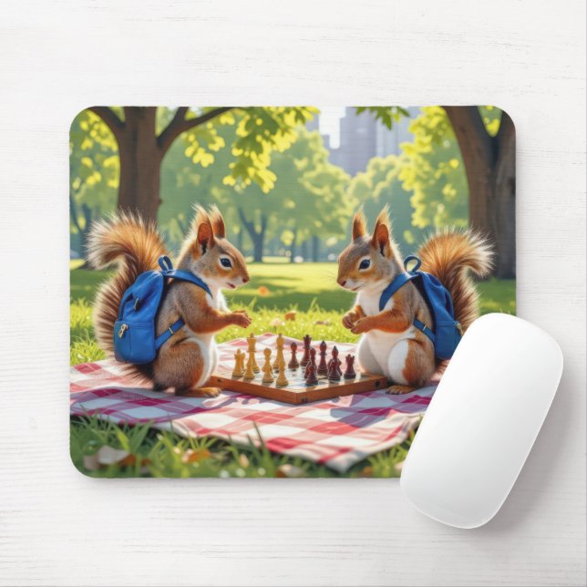 Squirrels Playing Chess In a City Park Mouse Mat (With Mouse)