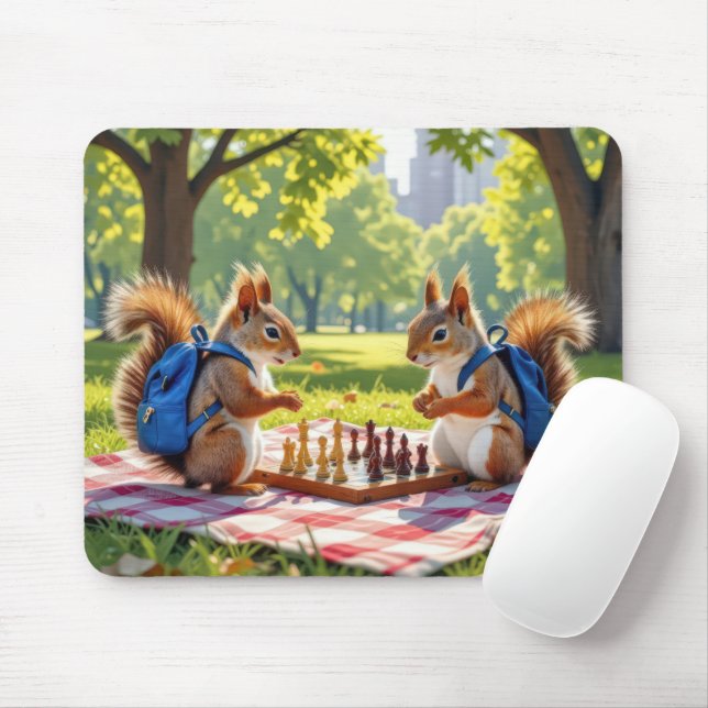 Squirrels Playing Chess In a City Park Mouse Mat (With Mouse)