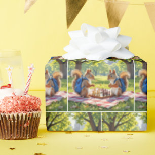 Squirrels Playing Chess In a City Park Wrapping Paper