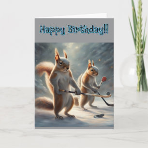 Squirrels playing Hockey Birthday Card