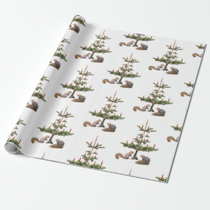 Squirrels Red Candles Tree Wrapping Paper
