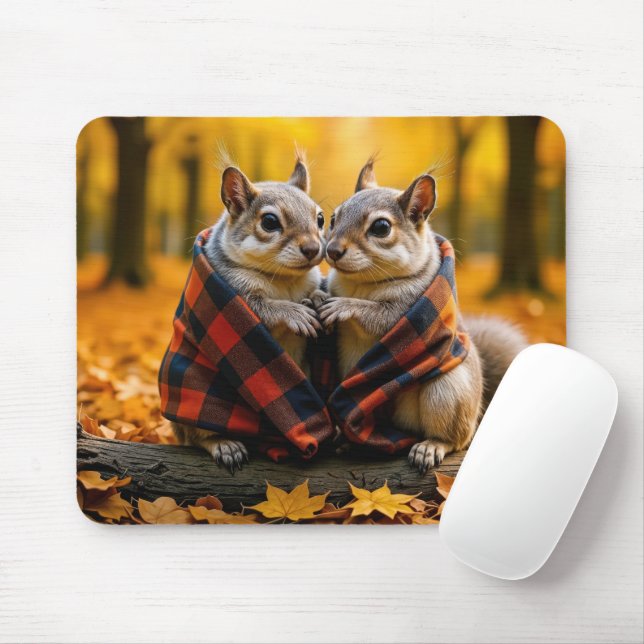 Squirrels Snuggling Under a Plaid Blanket Mouse Mat (With Mouse)