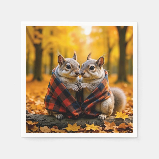 Squirrels Snuggling Under a Plaid Blanket Napkin (Front)