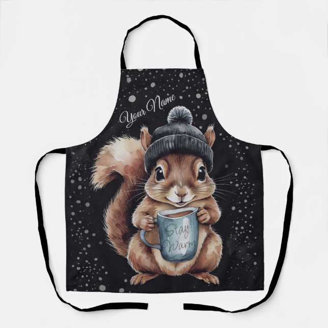 Squirrels with cup and snow "Stay Warm" Apron (Front)