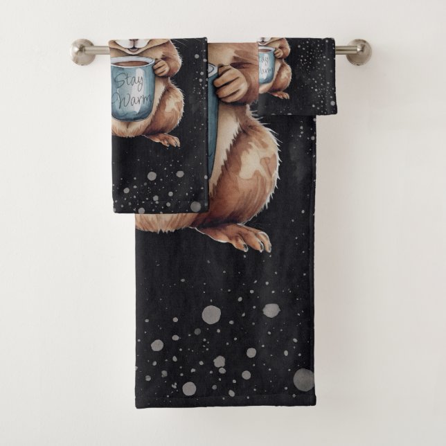 Squirrels with cup and snow "Stay Warm" Bath Towel Set (Insitu)