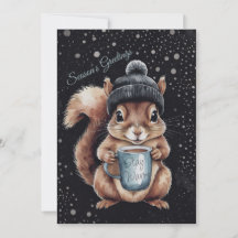 Squirrels with cup and snow "Stay Warm"