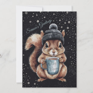 Squirrels with cup and snow "Stay Warm" Holiday Card