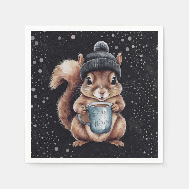 Squirrels with cup and snow "Stay Warm" Napkin (Front)