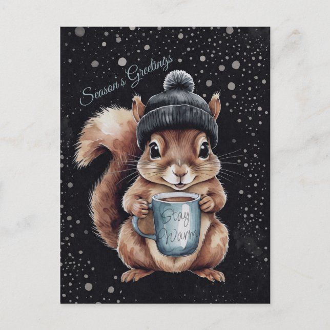 Squirrels with cup and snow "Stay Warm" Postcard (Front)