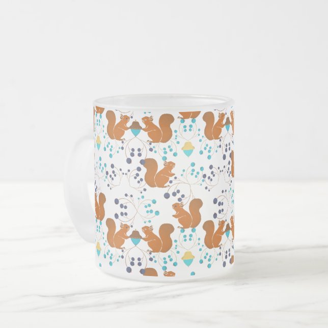 Squirrels with oak berries frosted glass coffee mug (Front Left)