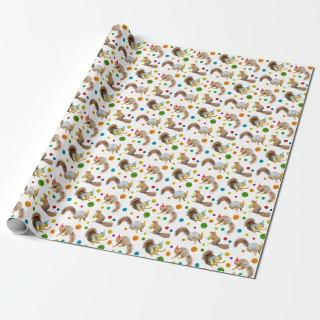 Squirrels with Party Hats Wrapping Paper (Unrolled)