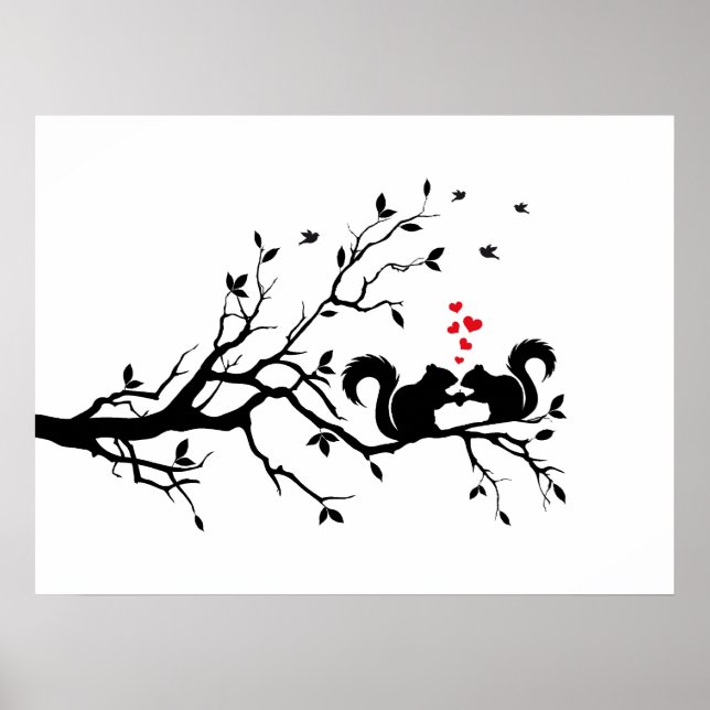 Squrrels with red hearts on tree branch poster (Front)