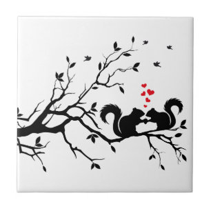 Squrrels with red hearts on tree branch tile
