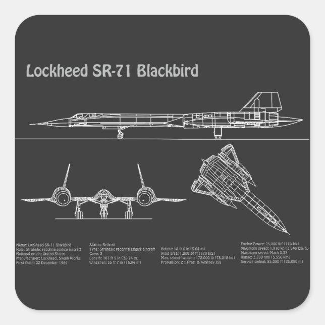 SR-71 Blackbird - Aeroplane Blueprint Plans PD Square Sticker (Front)