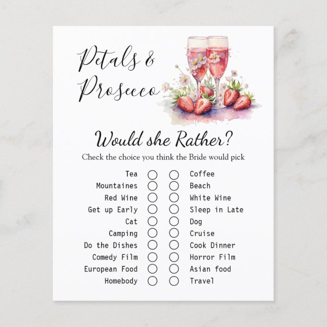 Srawberry Champagne Floral Bridal Shower Game Card (Front)