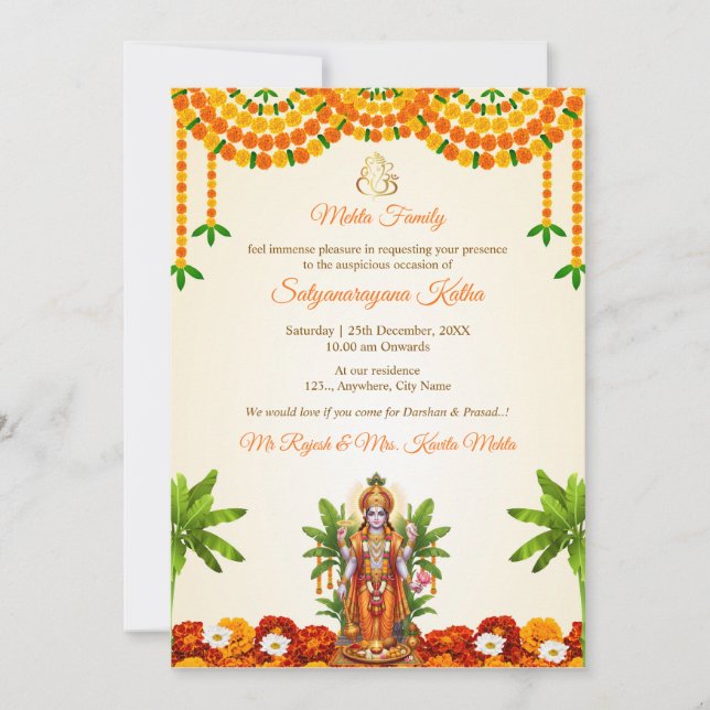 Sri Satyanarayan Bhagwan Puja Invitation Card (Front)