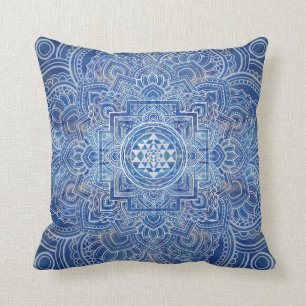 Sri Yantra / Sri Chakra Blue Watercolor Cushion