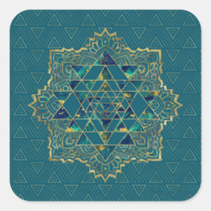 Sri Yantra  / Sri Chakra Gold, Marble and Teal Square Sticker