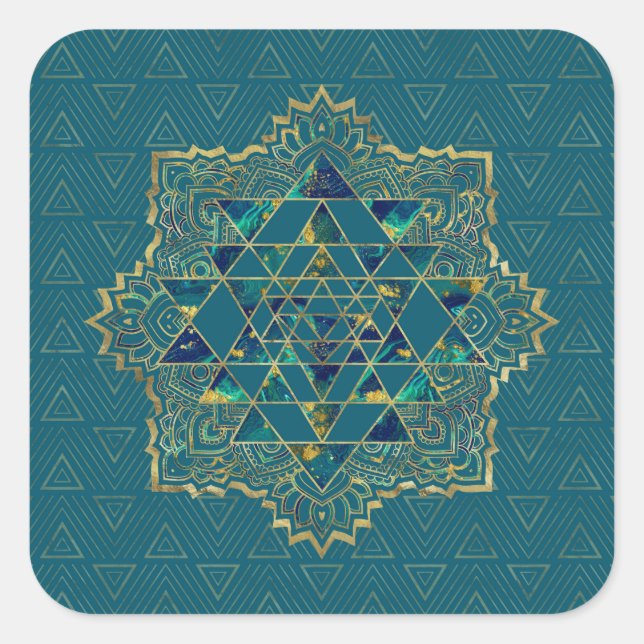 Sri Yantra  / Sri Chakra Gold, Marble and Teal Square Sticker (Front)