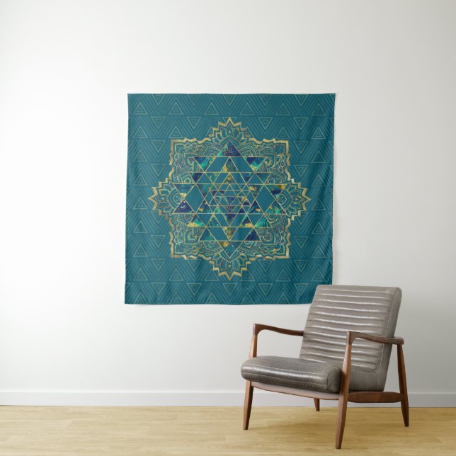 Sri Yantra  / Sri Chakra Gold, Marble and Teal Tapestry (In Situ)