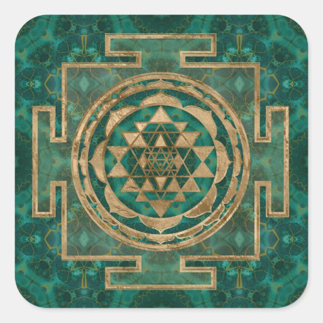 Sri Yantra  / Sri Chakra Malachite and gold Square Sticker (Front)