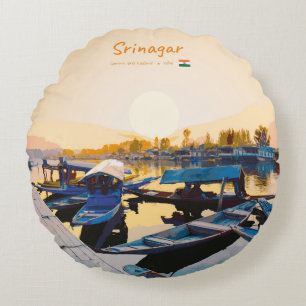Srinagar, India - Dal Lake Shikara Boats Round Cushion