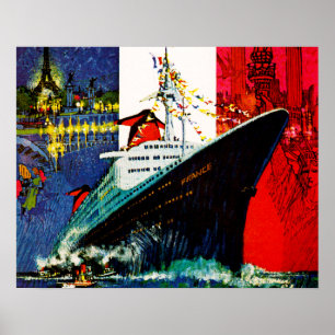 ss France with Eiffel Tower and Statue of Liberty Poster