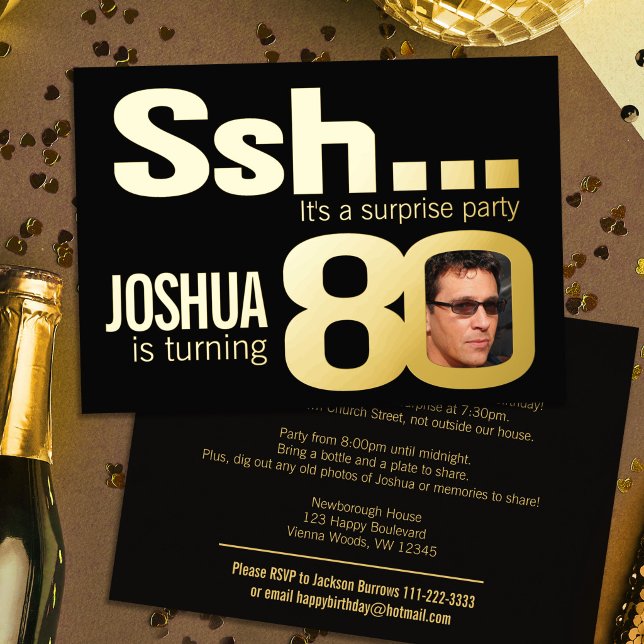 Ssh... Surprise 80th Birthday party gold black (Creator Uploaded)