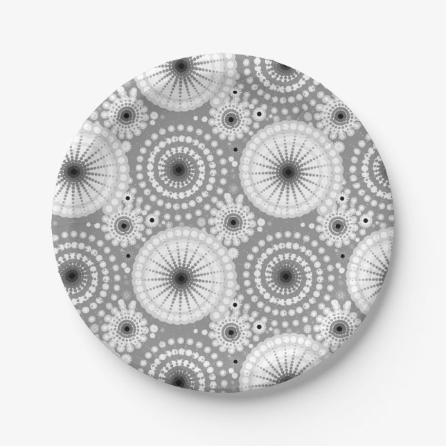 SStarbursts and pinwheels, grey, black and white Paper Plate (Front)