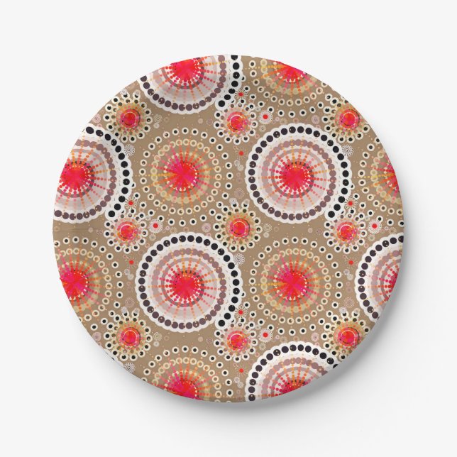 SStarbursts and pinwheels, taupe, red, white Paper Plate (Front)