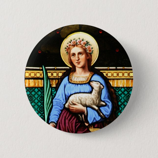 St Agnes of Rome, holding lamb and palm leaf 6 Cm Round Badge (Front)