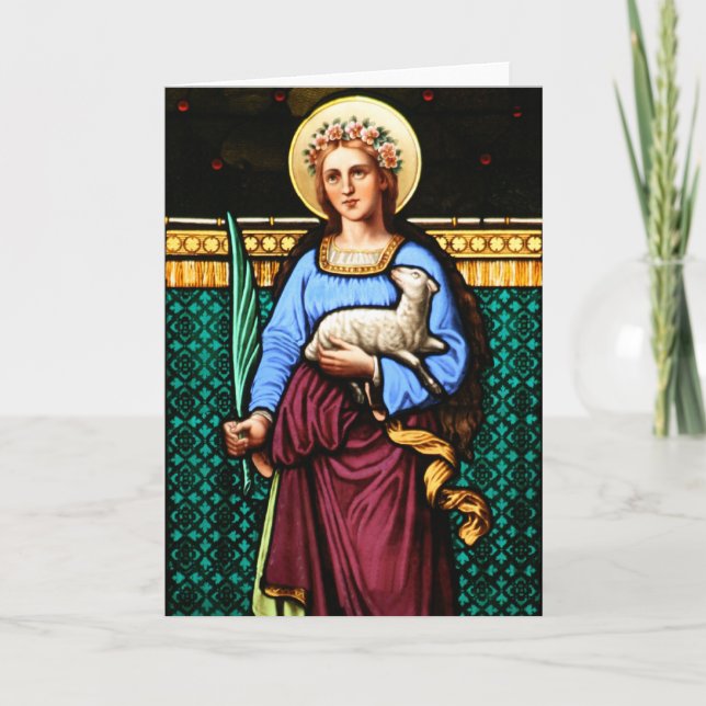 St Agnes of Rome, holding lamb and palm leaf Card (Front)