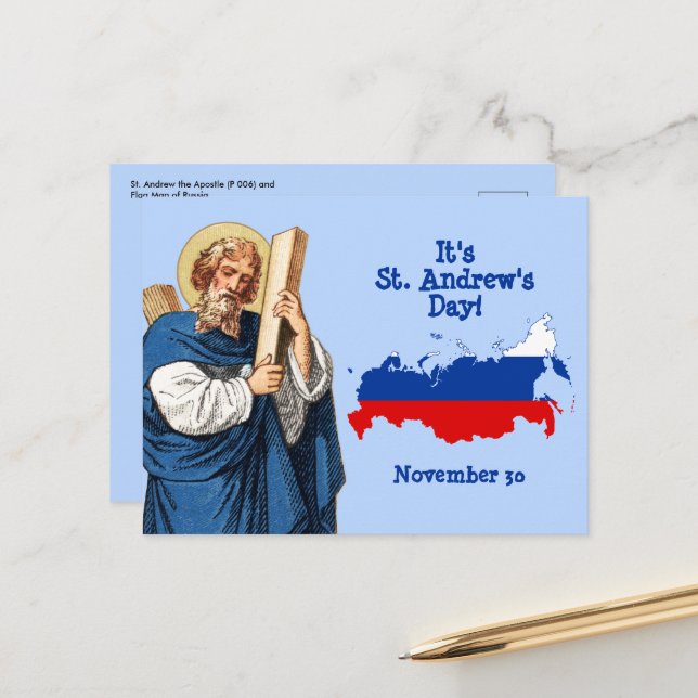 St. Andrew with Flag-Map of Russia Feast Day Postcard (Front/Back In Situ)
