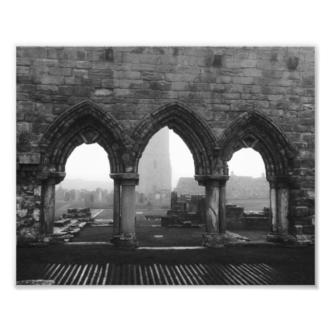 St Andrews Cathedral Arches in Fog Black and White Photo Print (Front)