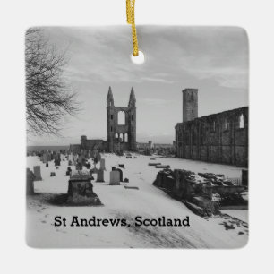 St Andrews Scotland Cathedral Ruins in Snow B & W Ceramic Tree Decoration