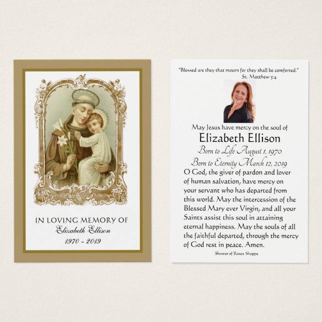 St. Anthony Catholic Funeral Memorial Holy Card - (Front & Back)