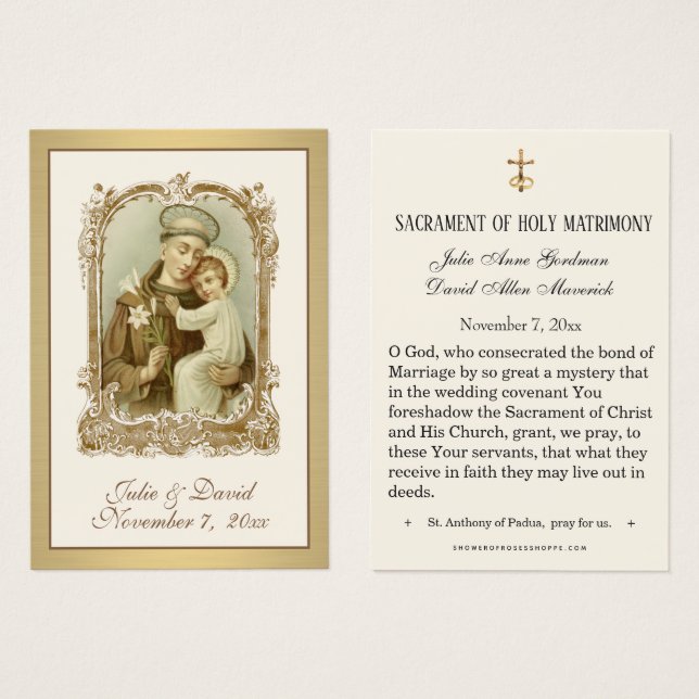 St. Anthony Jesus Elegant Gold Wedding Favor Card  (Front & Back)