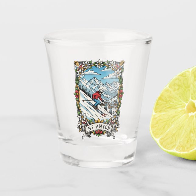 St. Anton Austria Skier Skiing Shot Glass (Front)