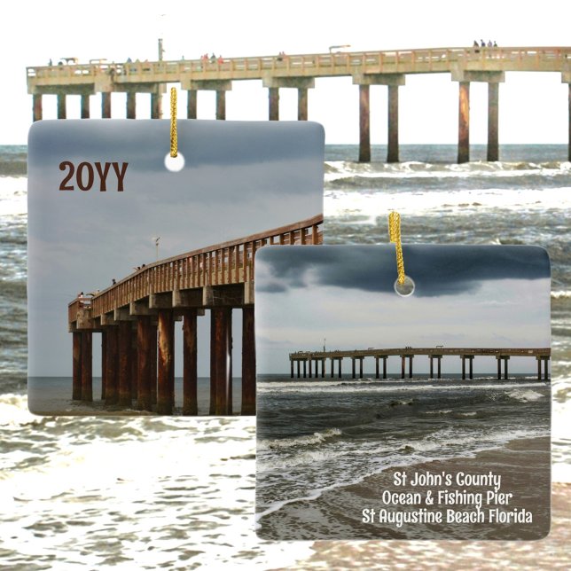 St Augustine Beach FL Pier Photographic with Year Ceramic Ornament (Creator Uploaded)
